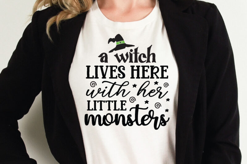 a witch lives here with her little monsters t shirt graphic design,Halloween t shirt vector graphic,Halloween t shirt design template,Halloween t shirt vector graphic,Halloween t shirt design for sale, Halloween