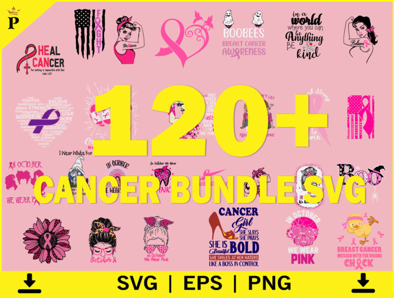 120 Breast Cancer SVG Bundle, Cancer SVG, Cancer Awareness, Instant Download, Ribbon,Breast Cancer Shirt, cut files, Cancer T shirt Design