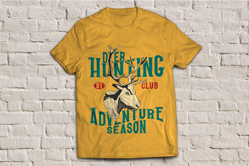 A deer with horns on yellow background, adventure season, t-shirt design