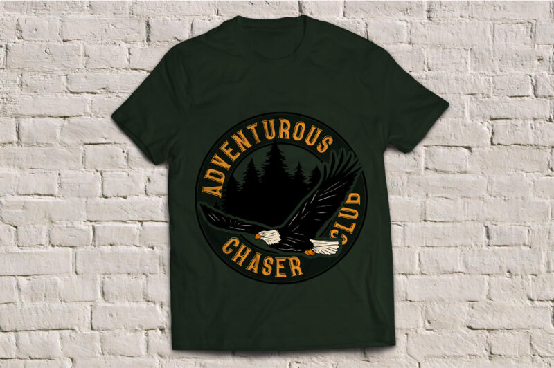 An eagle flying and the woods behind him, t-shirt design