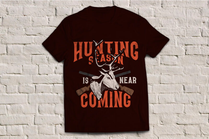 A deer with guns behind him, hunting season, t-shirt design