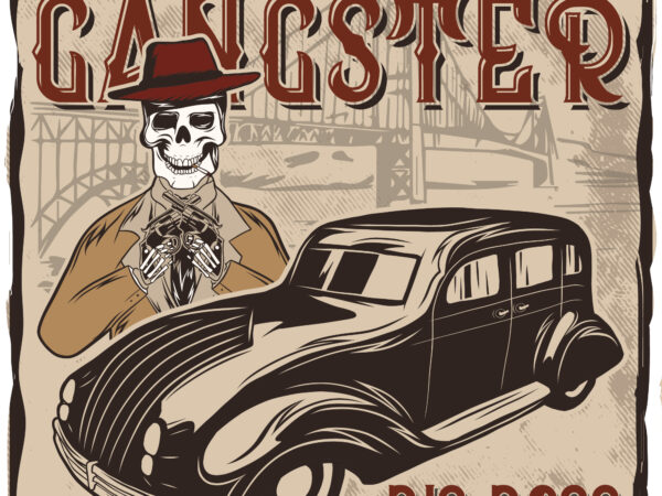 A gangster’s skeleton with a hat, standing behind the car, t-shirt design