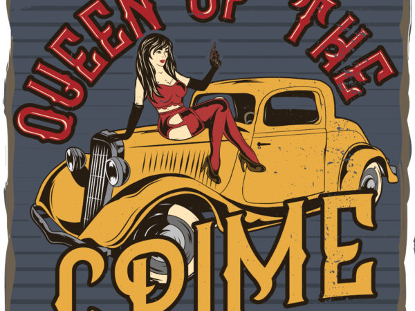 A girl sitiing on a car with a gun in her hand, t-shirt design
