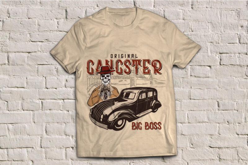 A gangster’s skeleton with a hat, standing behind the car, t-shirt design