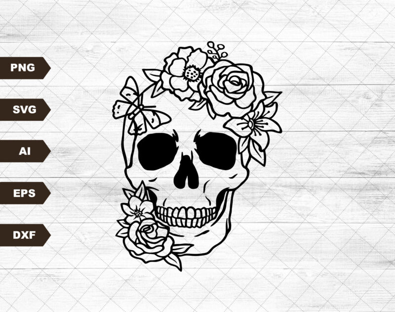 Skull Flower with Butterfly Svg | Skull Svg | Floral Skull Clipart | Flower Skull Svg | Skull SVG| Sugar Skull Svg | Skull Vector | Cutfile