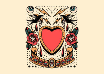 swallow and heart tattoo flash t shirt template vector