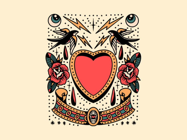 Swallow and heart tattoo flash t shirt template vector