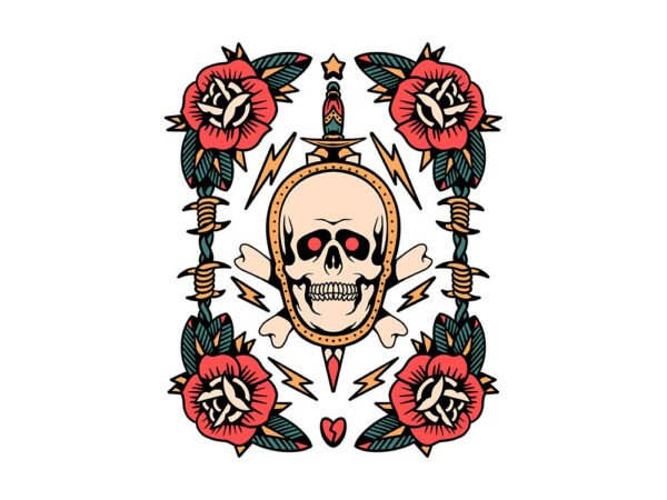 thunder skull tattoo flash t shirt designs for sale