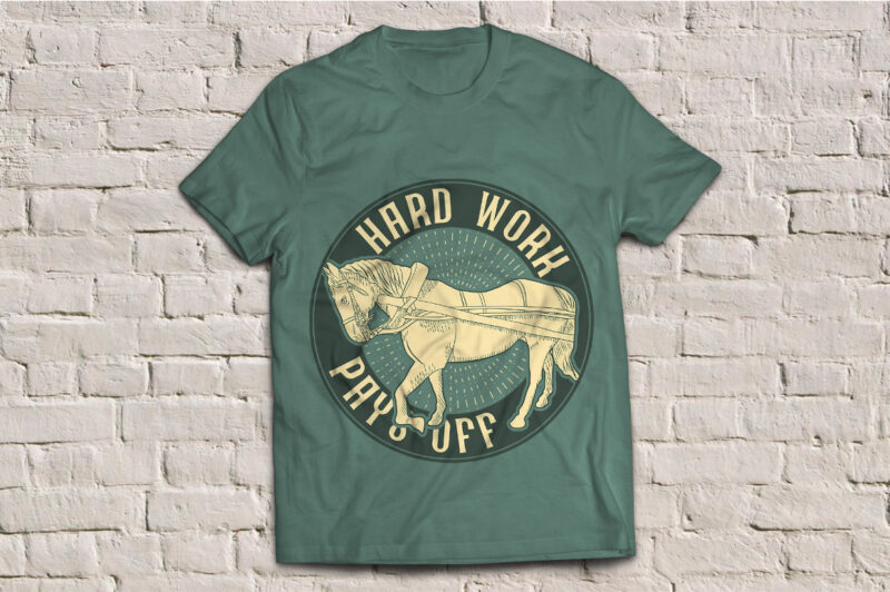 A horse in a village and a carriage, t-shirt design