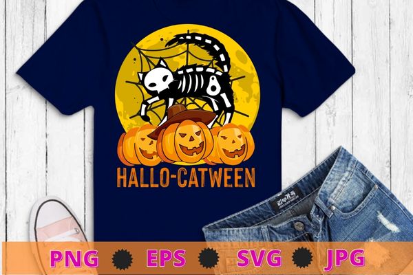 Happy hallo catween funny cat halloween skeleton kids girls t-shirt design svg, hallo catween, catween,cat skeleton png, halloween eps
