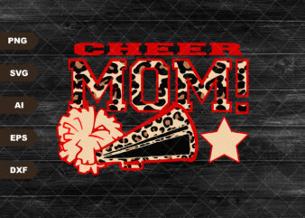 Cheer Mom PNG Image, Red Leopard Cheer Poms & Megaphone Design, Sublimation Designs Downloads, PNG File