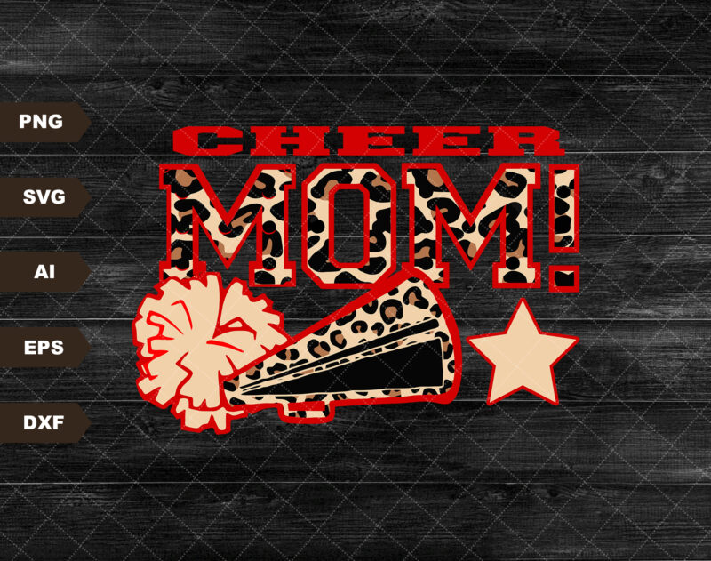 Cheer Mom PNG Image, Red Leopard Cheer Poms & Megaphone Design, Sublimation Designs Downloads, PNG File
