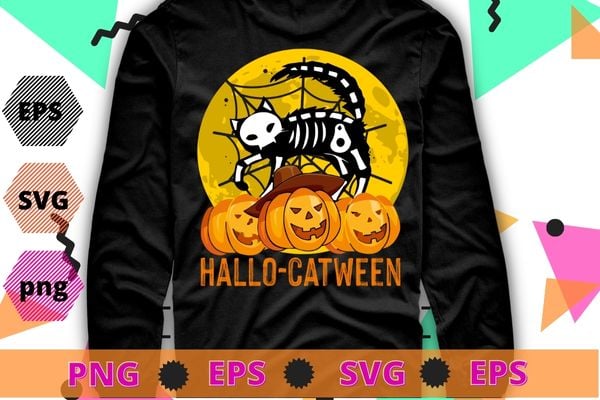 Happy hallo catween Funny cat Halloween Skeleton Kids Girls T-Shirt design svg, hallo catween, catween,cat Skeleton png, Halloween eps