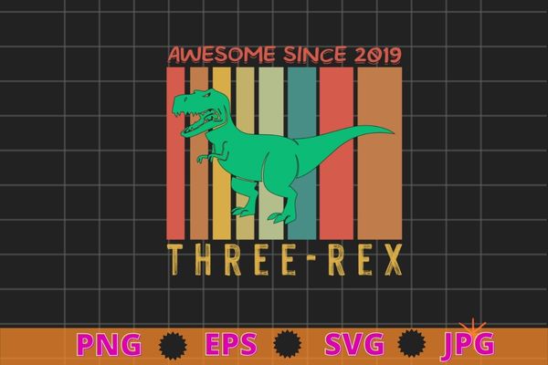 Awesome since 2019 funny t-rex and three rex vintage retro t-shirt design svg,