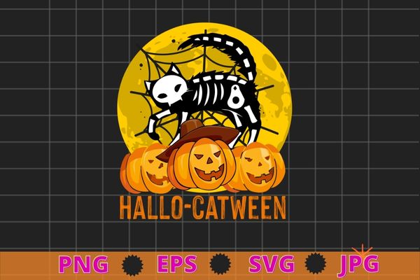 Happy hallo catween Funny cat Halloween Skeleton Kids Girls T-Shirt design svg, hallo catween, catween,cat Skeleton png, Halloween eps