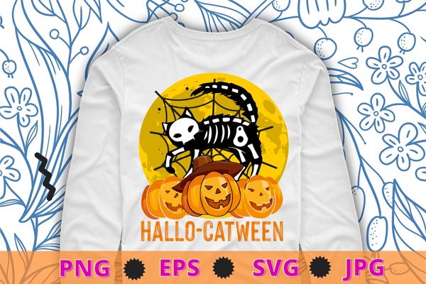 Happy hallo catween Funny cat Halloween Skeleton Kids Girls T-Shirt design svg, hallo catween, catween,cat Skeleton png, Halloween eps