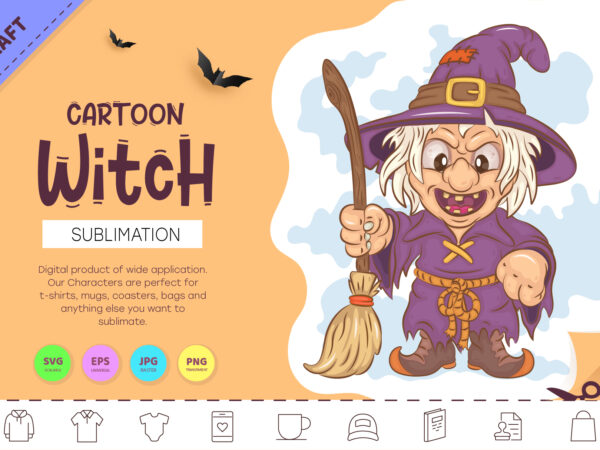Cartoon witch. crafting, sublimation. t shirt vector file