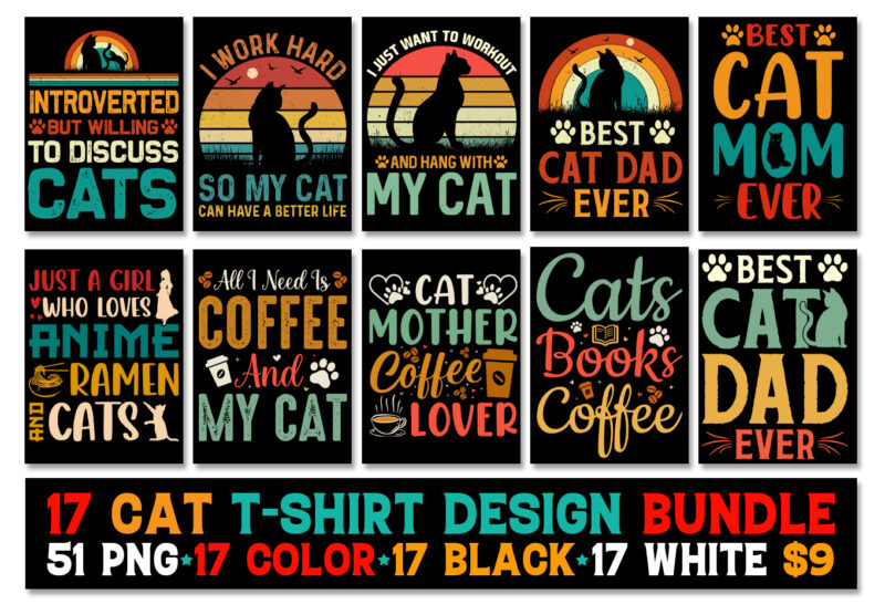 Cat T-Shirt Design Bundle,Cat Lover Trendy Pod Best T-Shirt Design Bundle