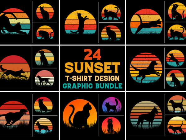 Dog cat sunset t-shirt design graphic bundle