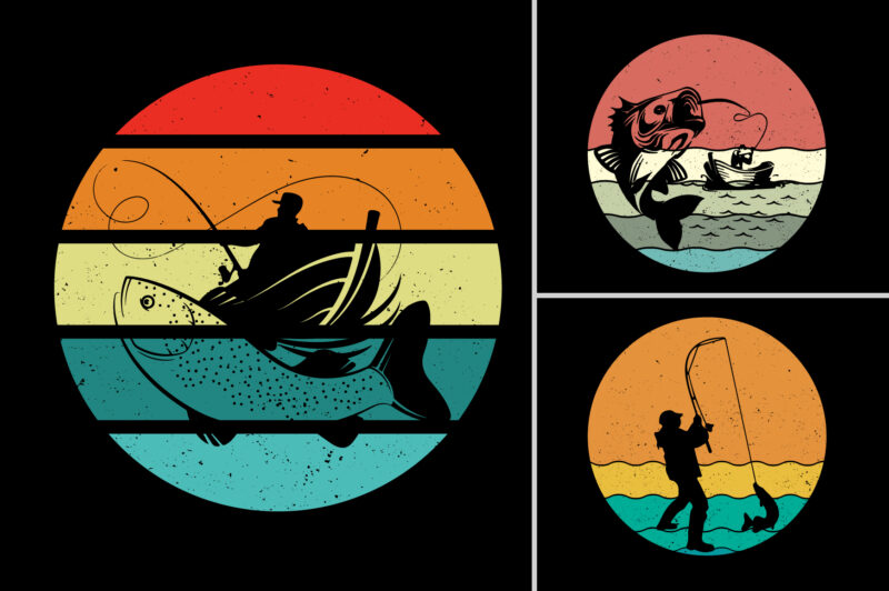 Fishing Retro Vintage Sunset T-Shirt Background Bundle