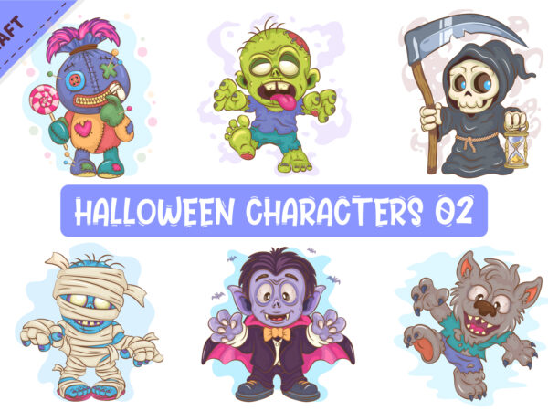 Bundle of halloween characters 02. clipart. t shirt template