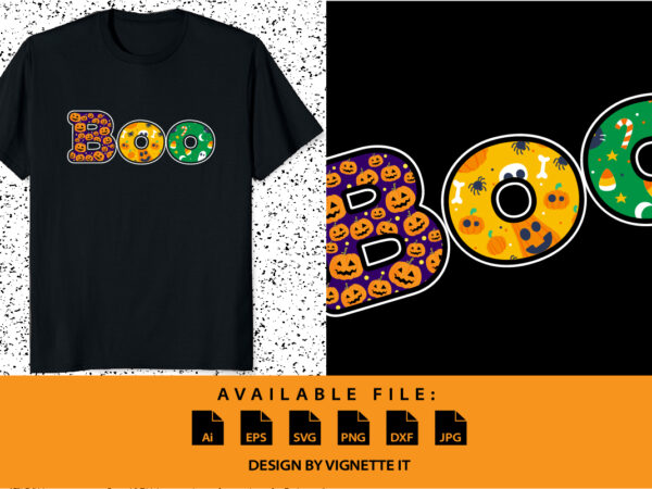 Halloween boo shirt print template, funny halloween donut pumpkin candy skull pattern design, halloween boo witch illustration