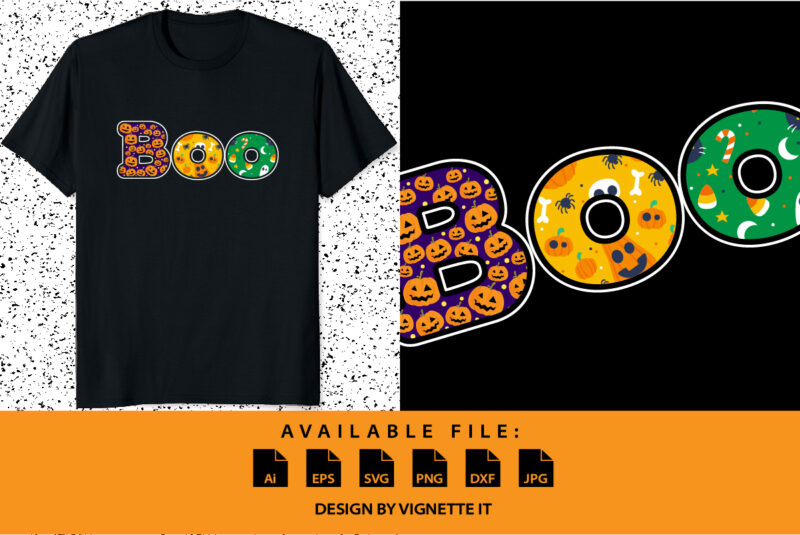 Halloween boo shirt print template, Funny Halloween Donut pumpkin Candy skull pattern design, Halloween boo witch illustration