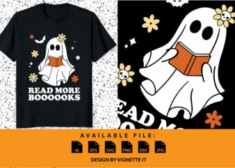Cute Booooks Ghost Read More Books Funny Teacher Halloween shirt print template, witch book bat star flower skull vector