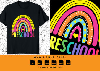 Preschool Back to school shirt print template, kindergarten rainbow pencil heart shape vector, 100 days of school retro shirt design