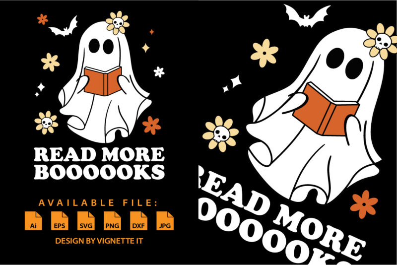 Cute Booooks Ghost Read More Books Funny Teacher Halloween shirt print template, witch book bat star flower skull vector