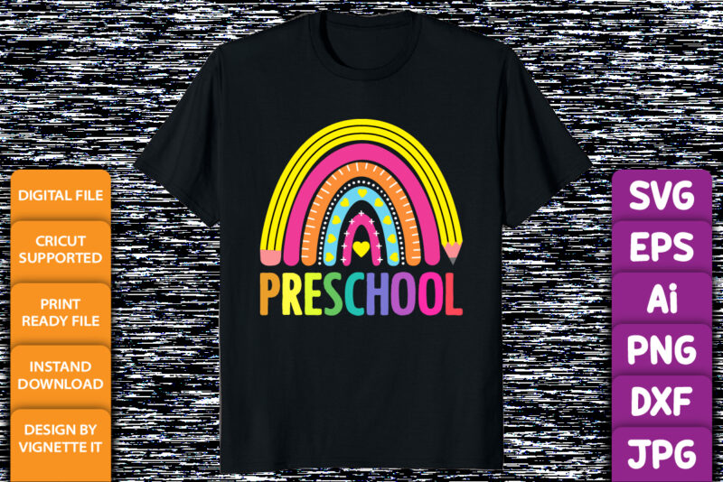 Preschool Back to school shirt print template, kindergarten rainbow pencil heart shape vector, 100 days of school retro shirt design
