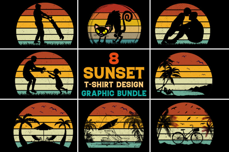 Sunset Retro Vintage T-Shirt Design Graphic Vector Background Bundle,