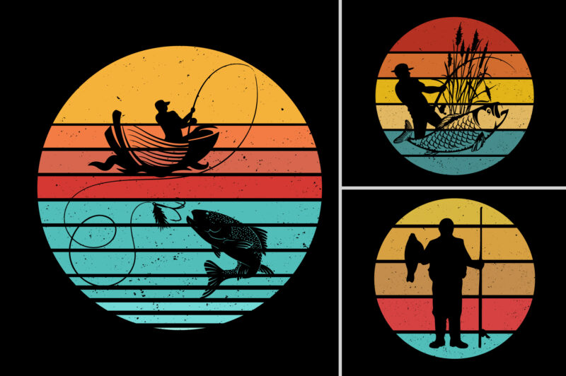 Fishing Retro Vintage Sunset T-Shirt Background Bundle