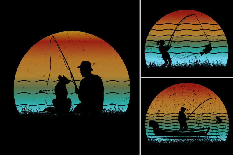 Fishing Retro Vintage Sunset T-Shirt Background Bundle
