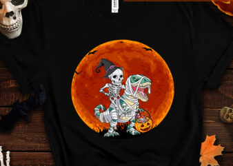 Skeleton Riding Mummy Dinosaur T rex Halloween Pumpkin T-Shirt TC
