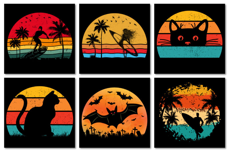 Sunset Retro Vintage T-Shirt Design Graphic Vector Bundle