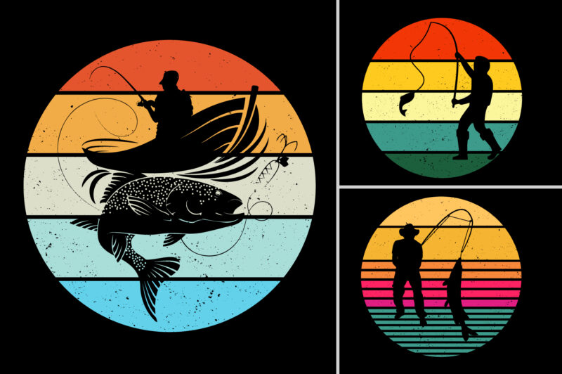 Fishing Retro Vintage Sunset T-Shirt Background Bundle