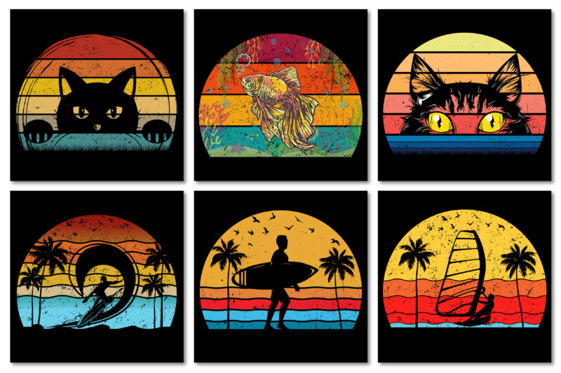 Sunset Vintage T-Shirt Design Graphic Vector Background Bundle