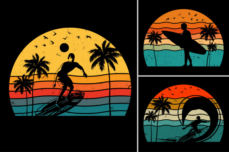 Retro Vintage Sunset T-Shirt Design Graphic Vector Background Bundle