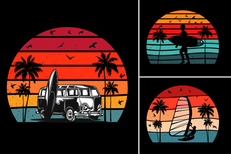 Retro Vintage Sunset T-Shirt Design Graphic Vector Background Bundle