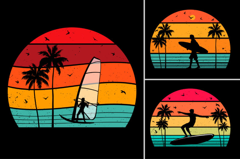 Retro Vintage Sunset T-Shirt Design Graphic Vector Background Bundle