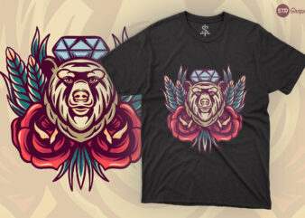 Bear And Roses – Retro Illustration t shirt template