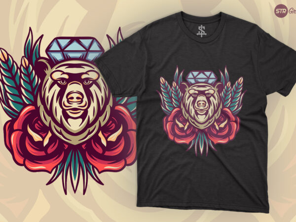 Bear and roses – retro illustration t shirt template
