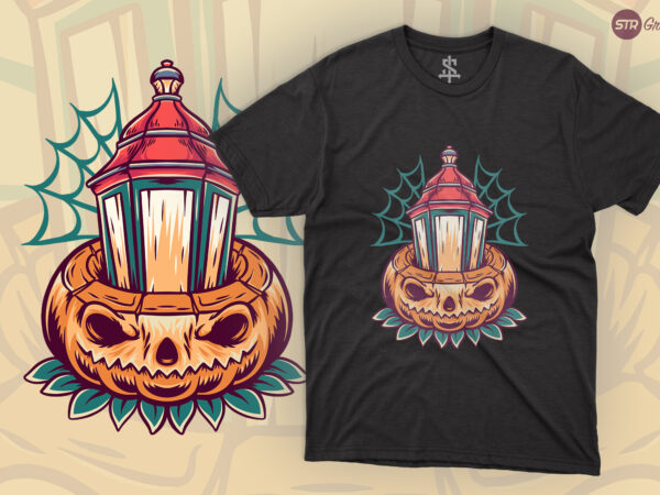 Halloween pumpkin and lantern – retro illustration graphic t shirt