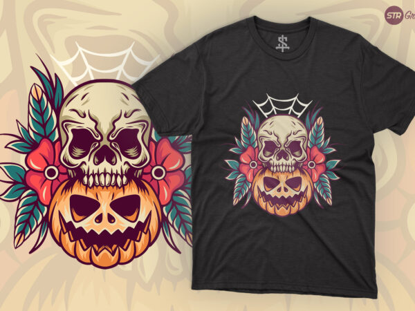 Halloween pumpkin skull – retro illustration graphic t shirt