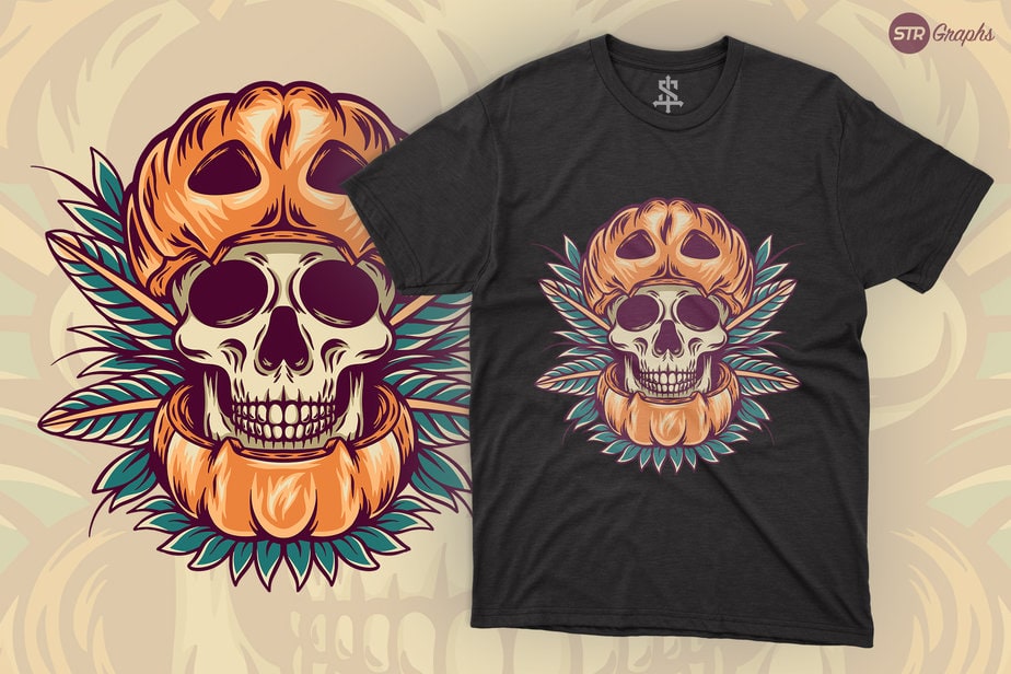 Pumpkin Skull - Retro Illustration - Buy t-shirt designs
