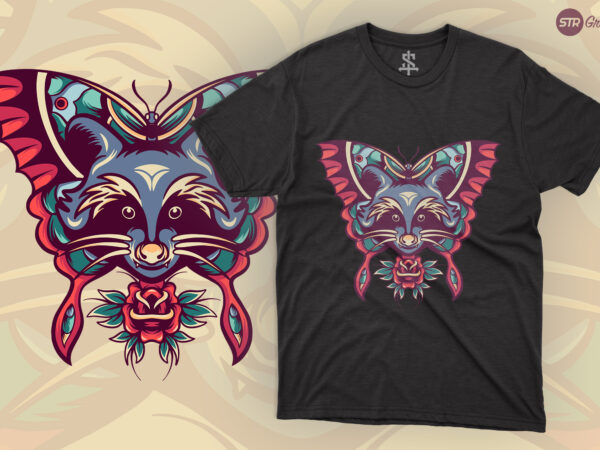 Raccoon and butterfly – retro illustration t shirt design online