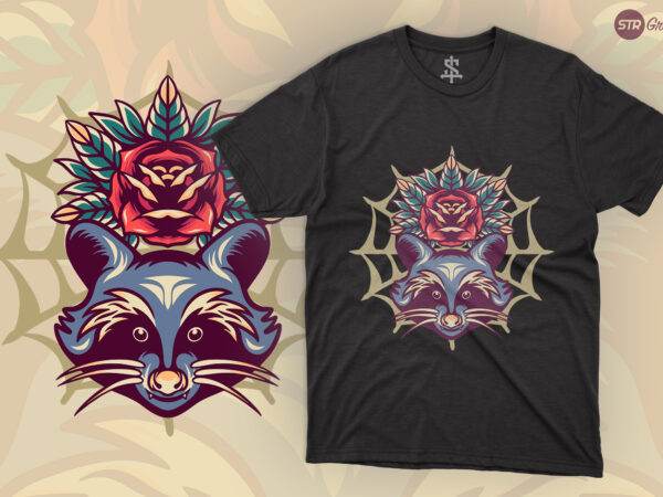 Raccoon and rose – retro illustration t shirt design online