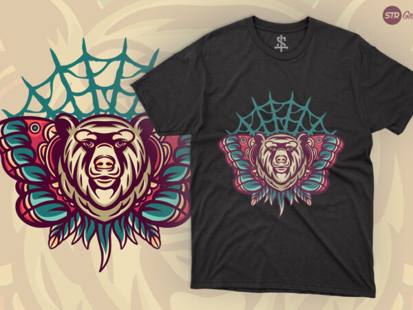 Bear and butterfly – retro illustration t shirt template