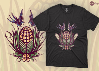 Corn And Birds – Retro Illustration t shirt vector file